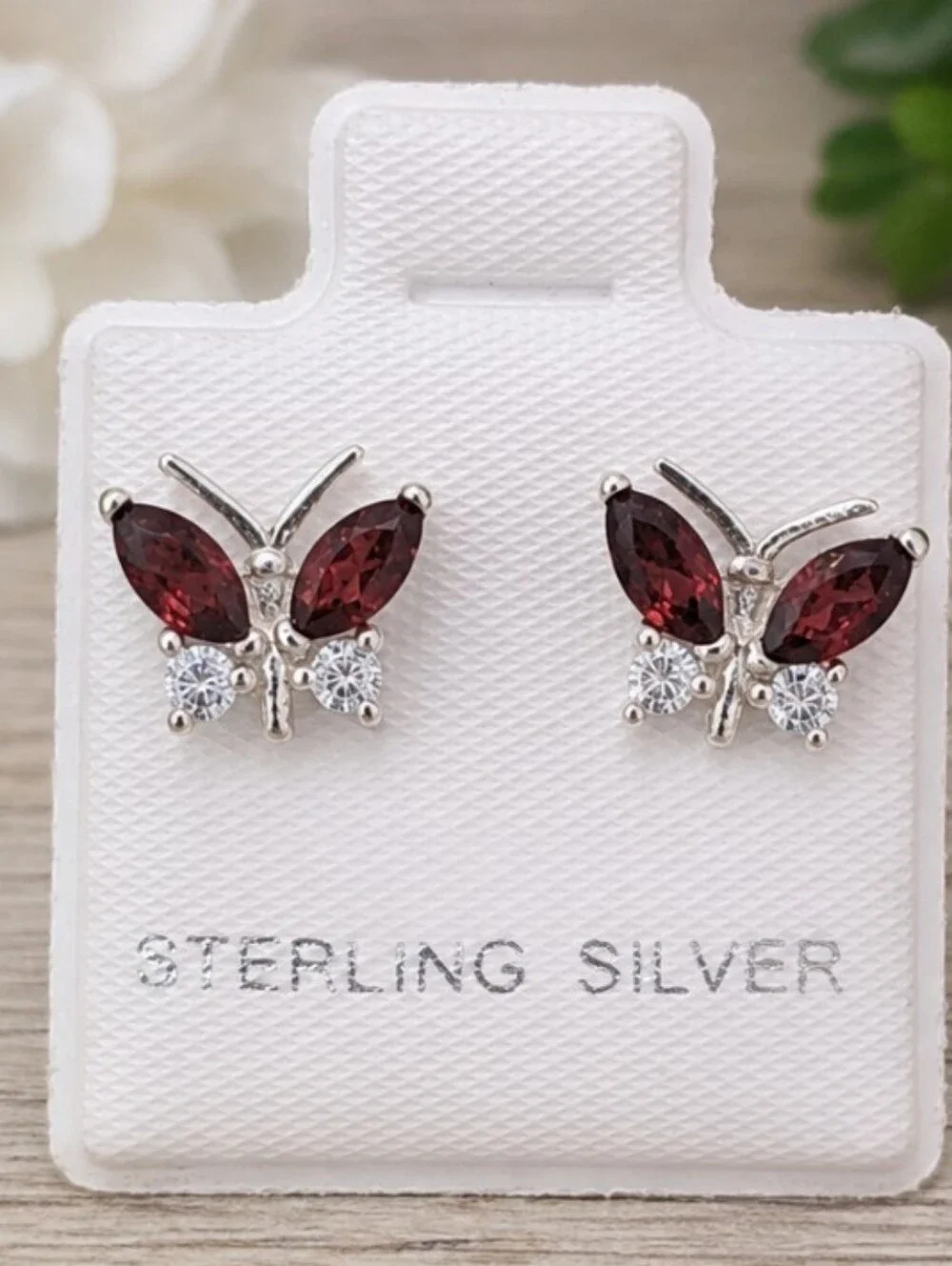 Garnet And CZ Butterfly Earrings Post Back  Set In 925 Sterling Silver